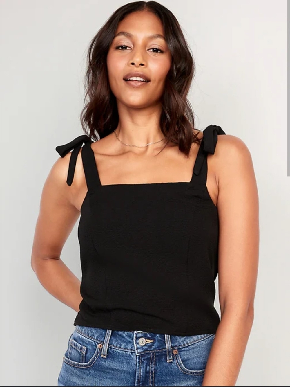 Old Navy Black Tie-Shoulder Square Neck Tank Top - Cropped Dobby Corset Cami Top